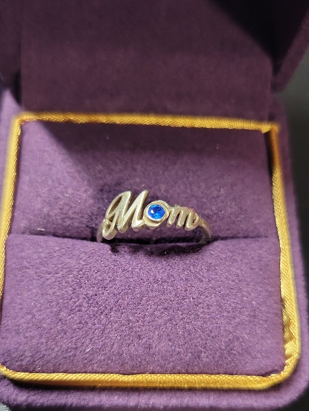 Sterling Silver 'Mom' Ring with Blue Stone